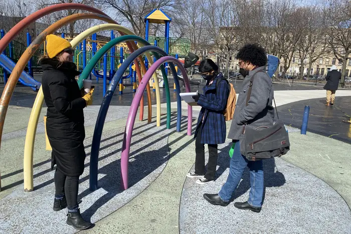 Katie Denny Horowitz, Prachi Purkaystha and Dimitri Mimy catalog playground equipment in Maria Hernandez Park, March 15, 2023.